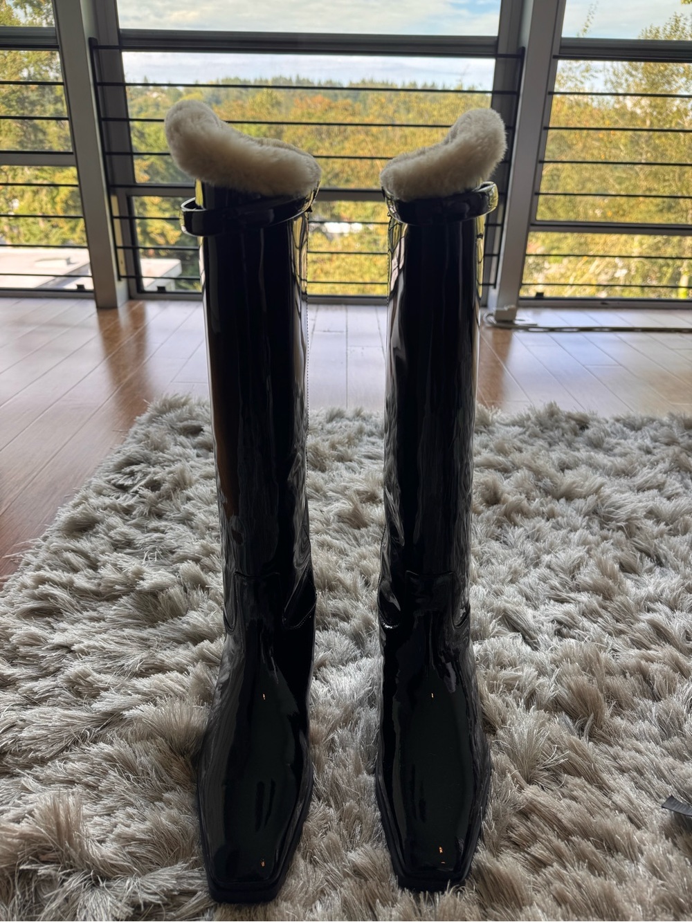 Toteme Black Patent Tall Boots with Cream Shearling Cuff